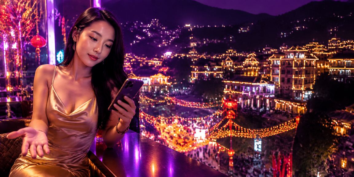 Trò chơi bài neon tại Sapa về đêm, ánh đèn rực rỡ trên màn hình điện thoại